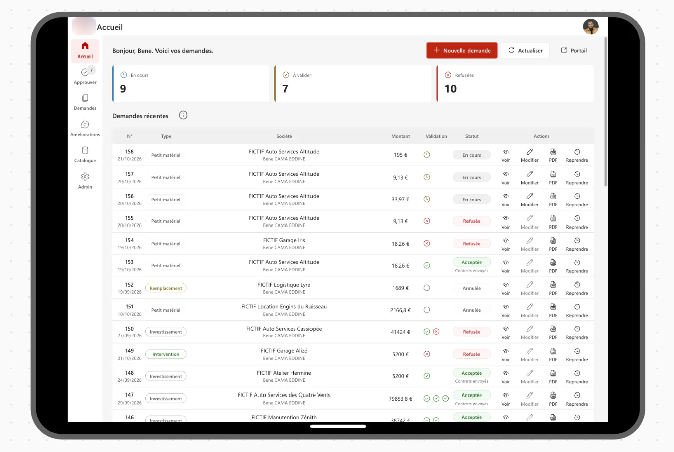 Accueil de l'application de demandes d'équipement sur tablette : indicateurs en cours, à valider et refusées, puis tableau des demandes récentes avec leur validation et leur statut.